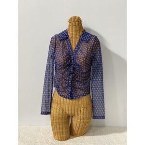 Maeve Anthropologie Blue Geometric Mesh Ruched Front Button Down Top Medium